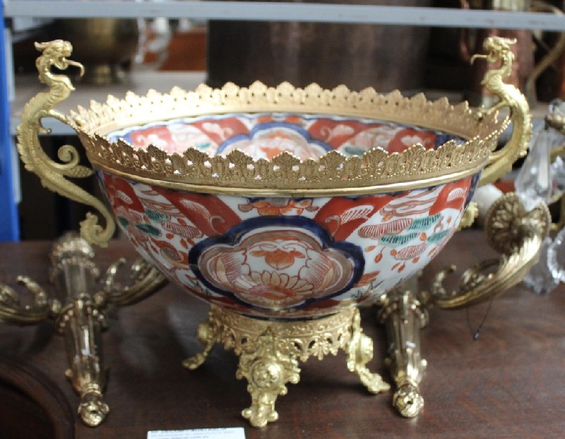 Interesting 19th century French bronze mounted center table comport with Japanese floral porcelain bowl. Price $850