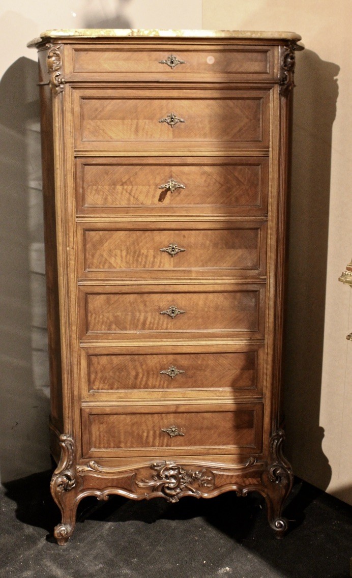 Fine quality French 19th century Louis XVth walnut seven drawer semainier, having shaped marble top and serpentine shaped sides. Price $2600