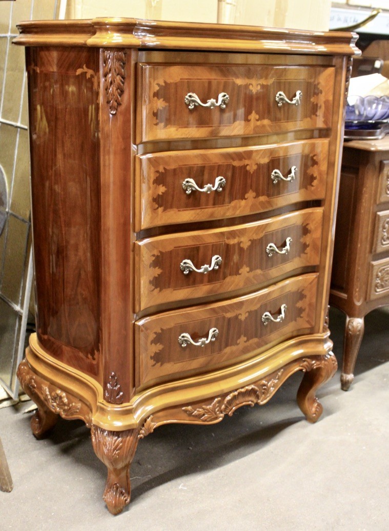 Italian Louis XVth style burr walnut & inlaid four drawer chest commode. Price $1100