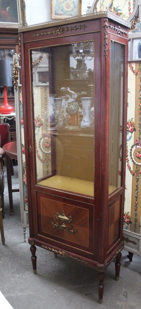 French late 19th century Louis walnut and ormolu mounted single door display vitrine. Price $1450.