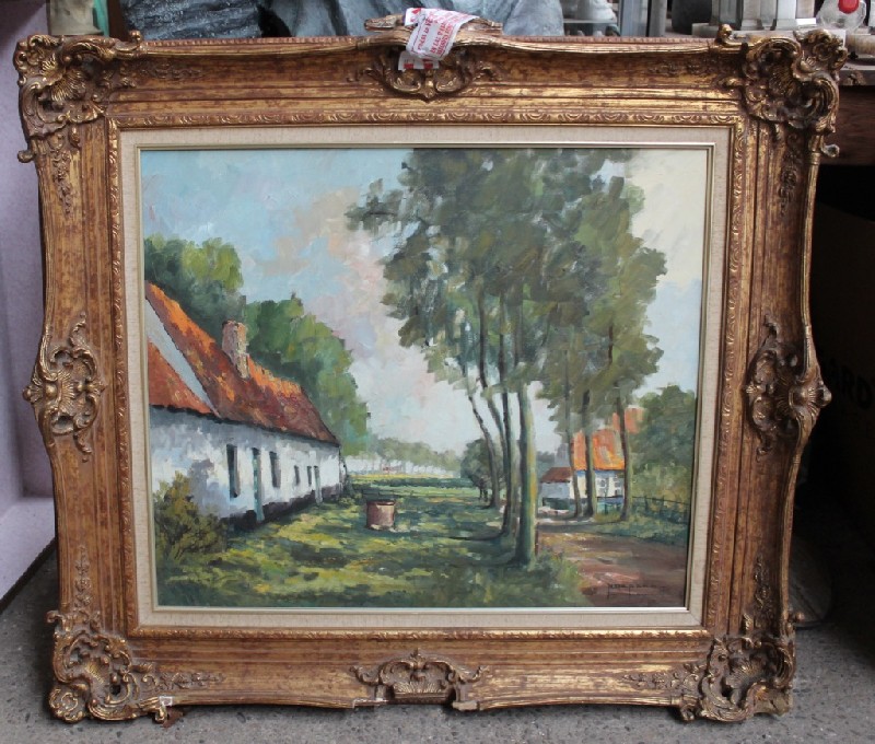 Gilt framed oil painting landscape, farm cottages, signed. Price $385