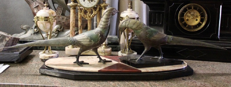 French art deco spelter statue of 2 birds on muti coloured marble base. Price $950