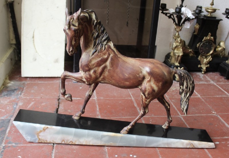 French spelter statue of a race horse on marble and onyx base. Price $1150
