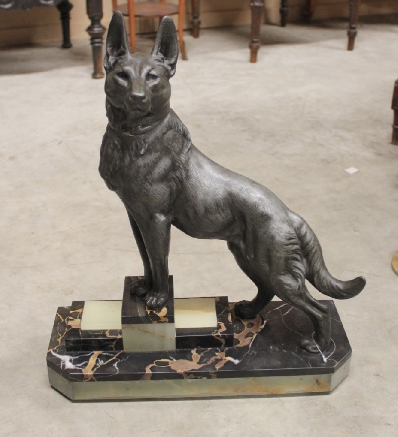 French art deco spelter statue of a dog on multi coloured tiered marble base. Price $880