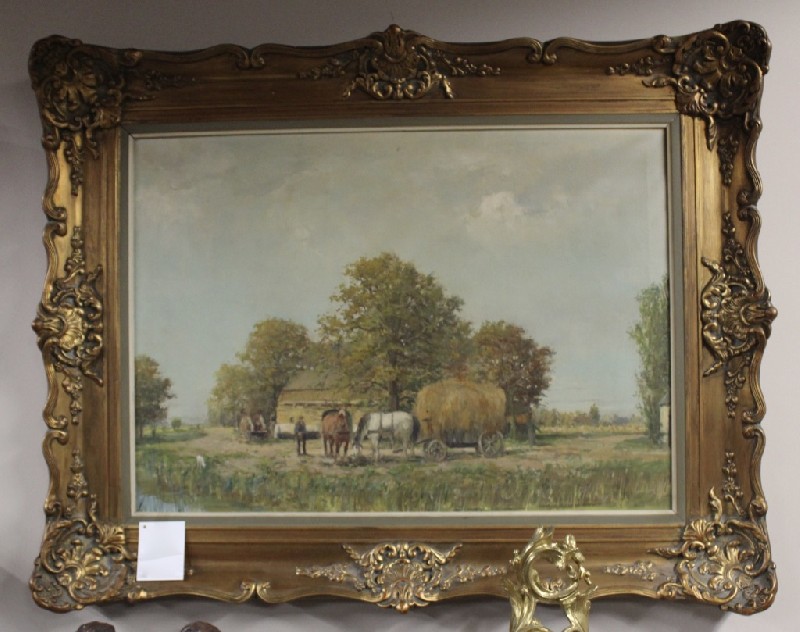 Gilt frame doil landscape, cottage in French country side. Signed. Price $1150