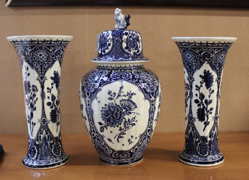 3 pice Delft blue and white floral porcelain garniture vase set. Price $380