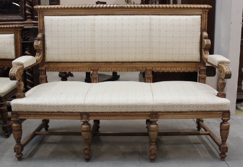 Fine 19th century French carved walnut  and upholstered three seater settee sofa, having turned legs. Price $1400.