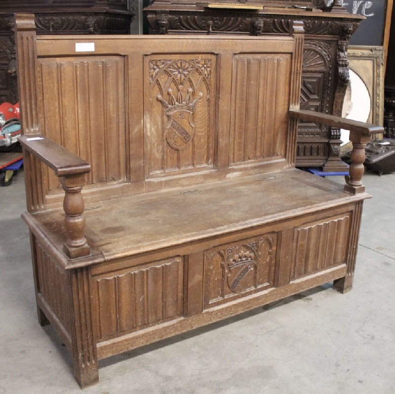 French provincial carved oak hall way settle bench. Price $890