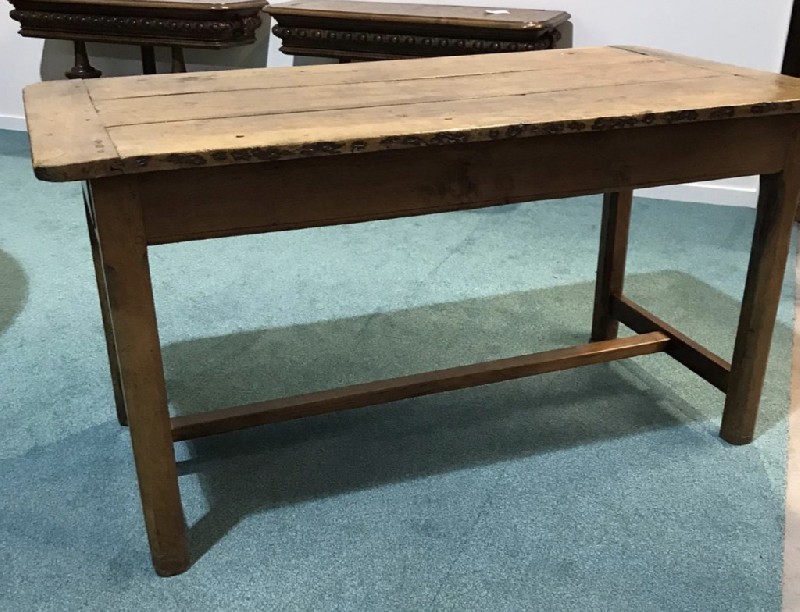 Early 19th century French oak obe drawer kitchen table, with stretcher base. Price $1250