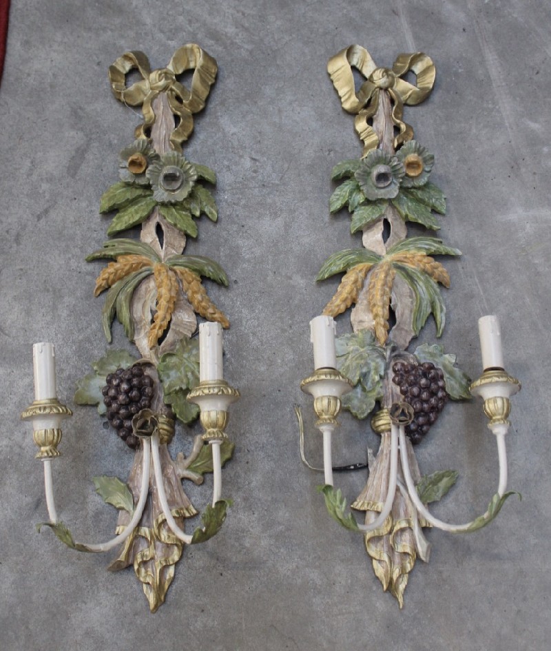 Pair of Italian wooden lacquered & fruit decorated wall lights. Price $550 pair