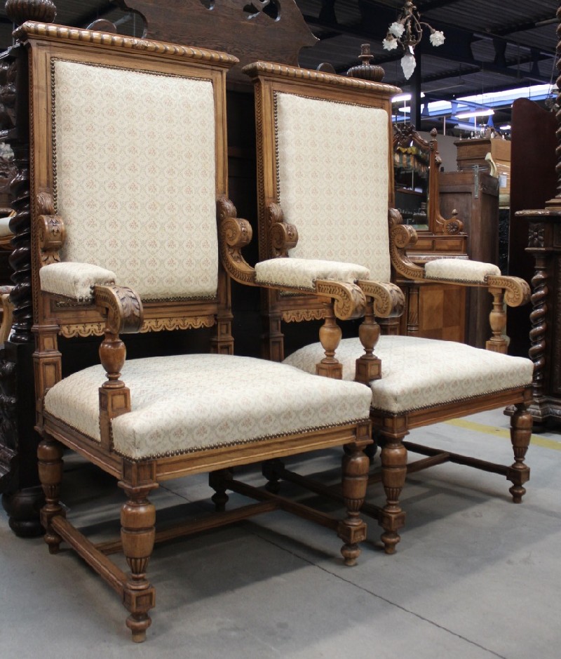 Fine quality pair of French late 19th century carved walnut and upholstered fauteuil arm chairs. Price $1550 pair 