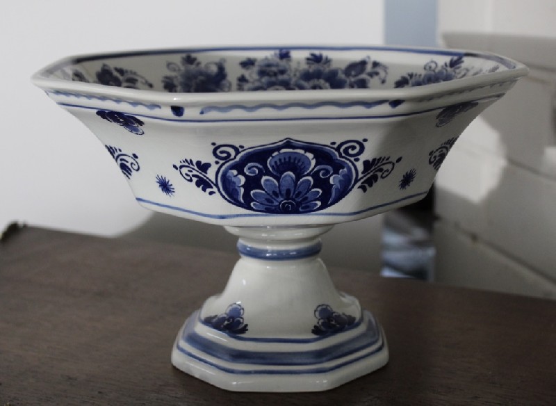 Delft blue and white floral china comport. Price $135