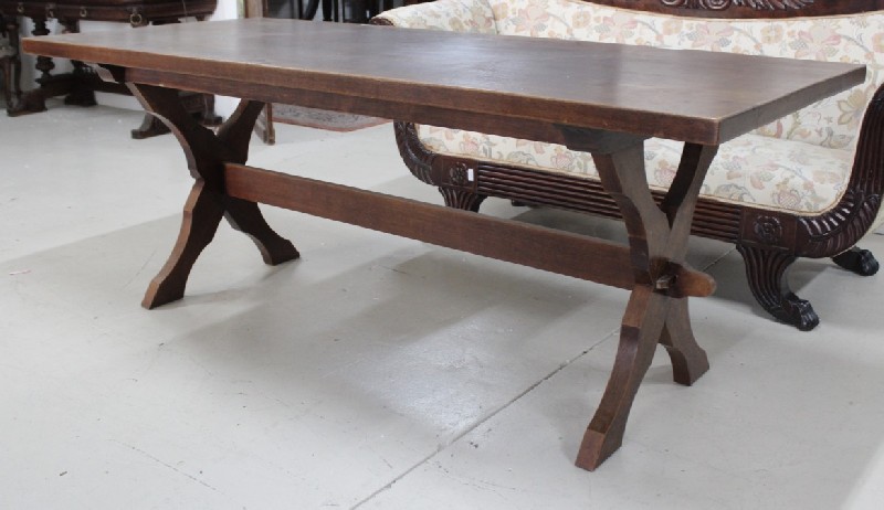 French provincial oak X-pedestal refectory table, with stretcher. Price $1350
