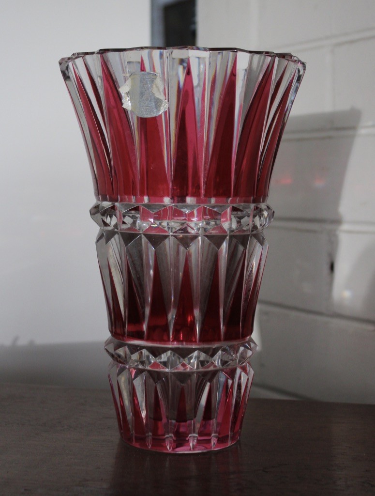 Val Sint Lambert ruby and clear cut crystal flared vase, signed. Price $375