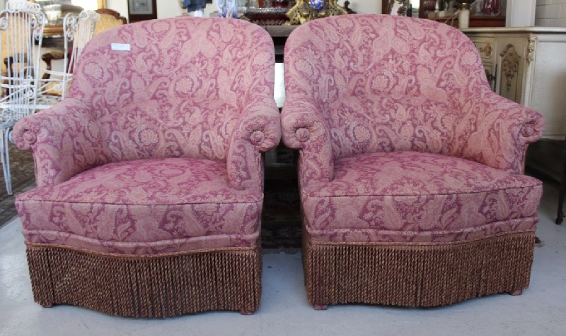 Pair of French red & white floral upholstered bedroom burgers. Price $950 pair