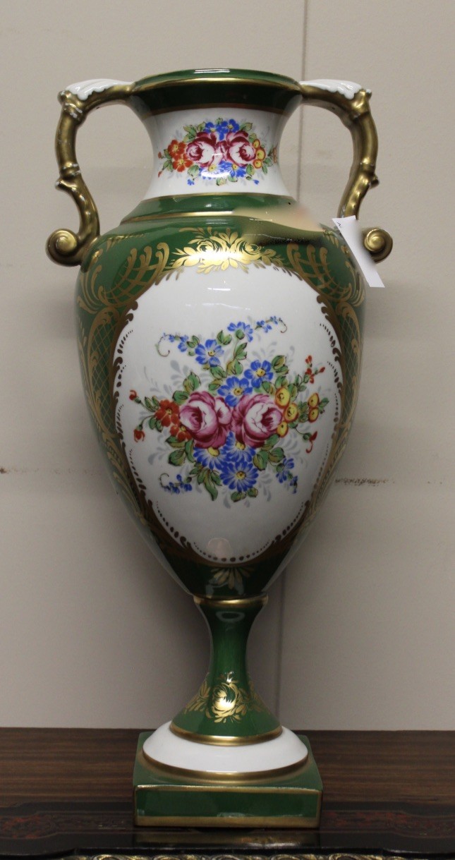 Tall Paris porcelain grren and floral decorated 2 handled vase. Price $550