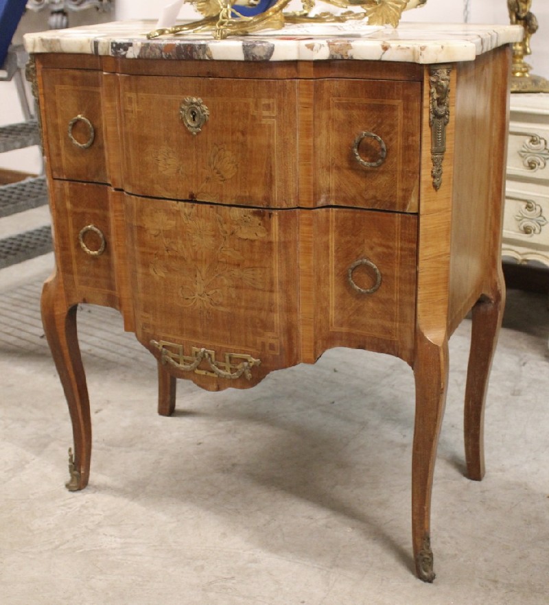 French Louis XVth walnut & floral marquetry inlaid two drawer commode, with fine white marble top and bronze mounts. Price $1100