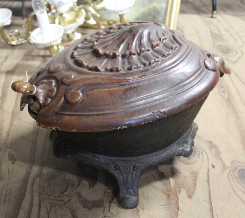Antique French cast iron an enamel fuel scuttle. Price $280.