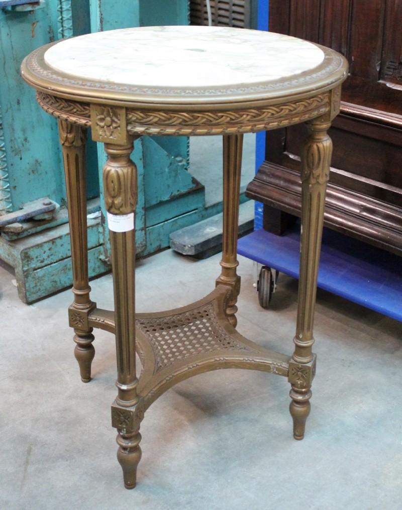 French 19th century Louis XVI th circular gilt wood lamp table, having white marble top. Price $725