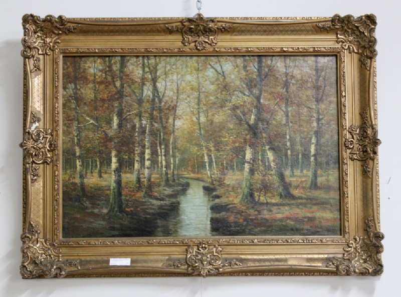 Ornate gilt framed oil painting French landscape along a bush track, signed. Price $950