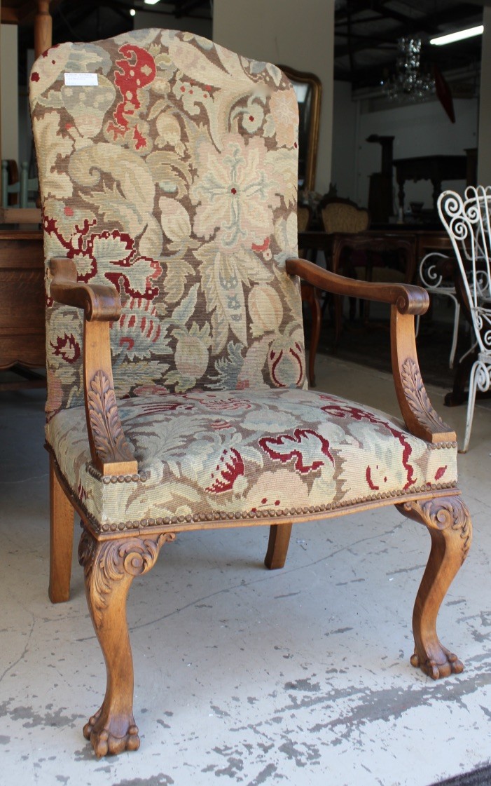 Late 19th century French walnut and tapestry upholstered fauteuil ar chair. Price $590