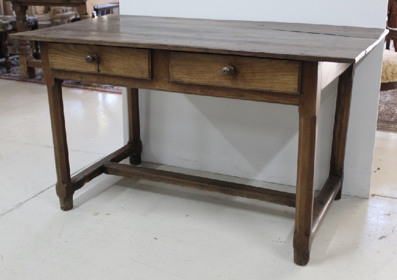 Early 19th century French oak 2 drawer side table, having stretcher base. Price $880
