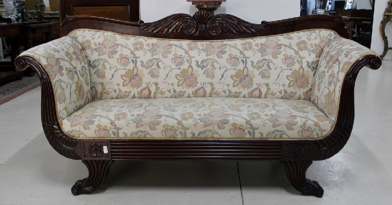 Mid-19th century French empire mahogany and floral upholstered sofa settee. Price $1650