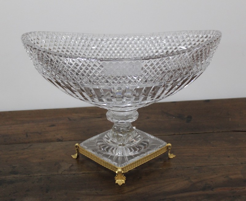 French diamond cut crystal center table comport with brass base. Price $495