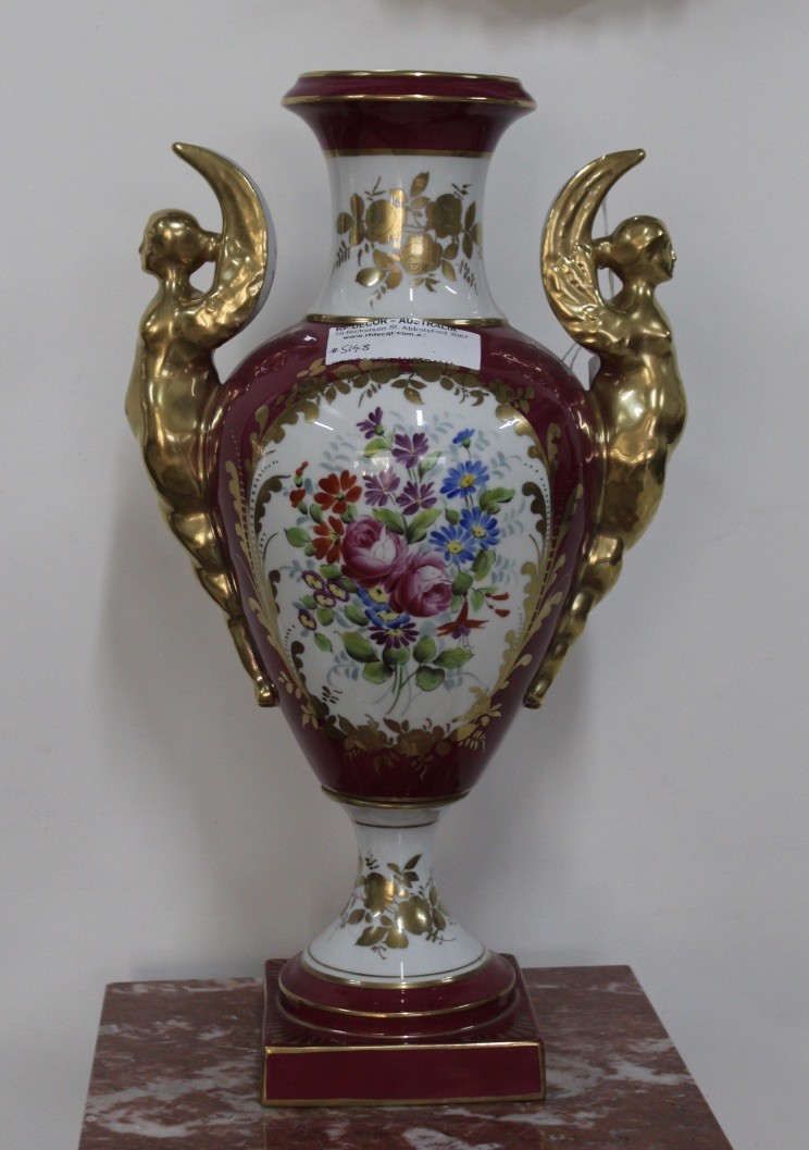 Tall Paris porcelain floral & gilt decorated 2 handled vase. Price $525