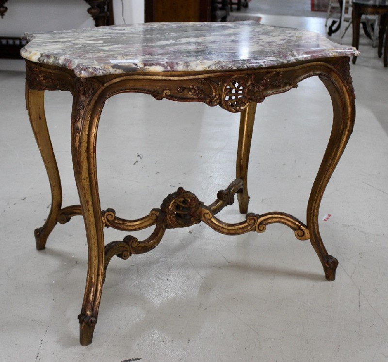 Impressive 19th century French Louis XVth gilt wood centre table, with superb purple marble top. Price $1450