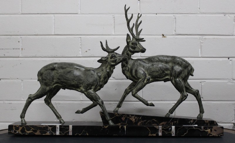 French art deco spelter statue of 2 deer on black marble base. Price $750