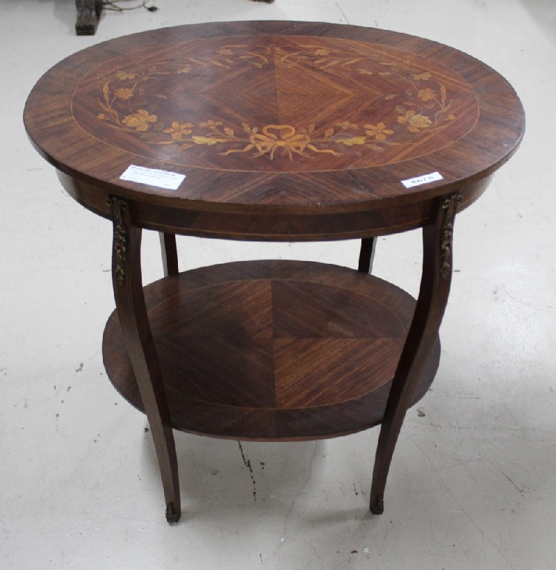 French late 19th century walut t 2 tier table with floral marquetry inlay and bronze mounts. Price $675