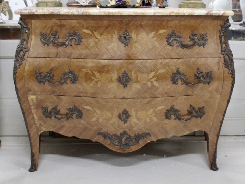 Fine French early 20th century Louis XVth walnut and floral marquetry inlaid 3 drawer commode having marble top and bronze mounts. Price $2200