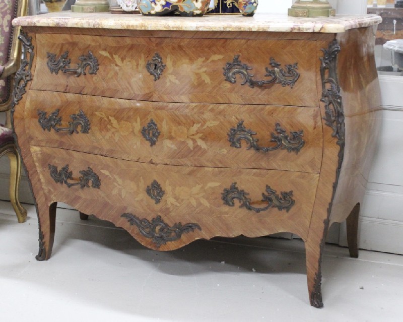Fine French early 20th century Louis XVth walnut and floral marquetry inlaid 3 drawer commode having marble top and bronze mounts. Price $2200