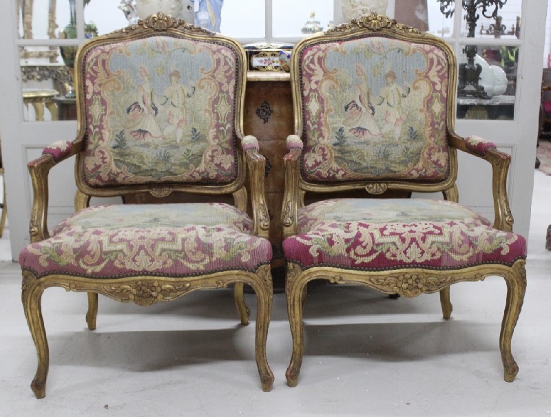Pair of 19th century French Louis XVth gilt wood and floral tapestry upholstered fauteuils. Price $1850 pair.