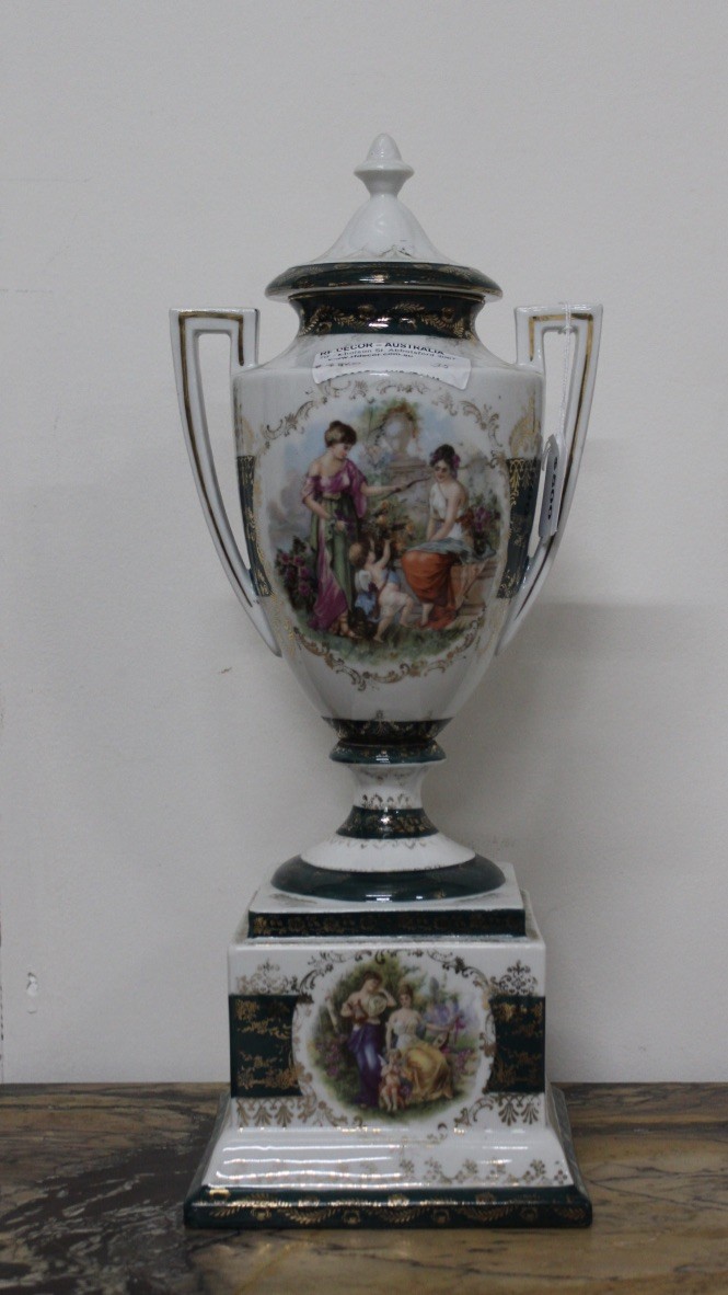 Royal Vienna floral & gilt decorated covered vase on stand. Price $475