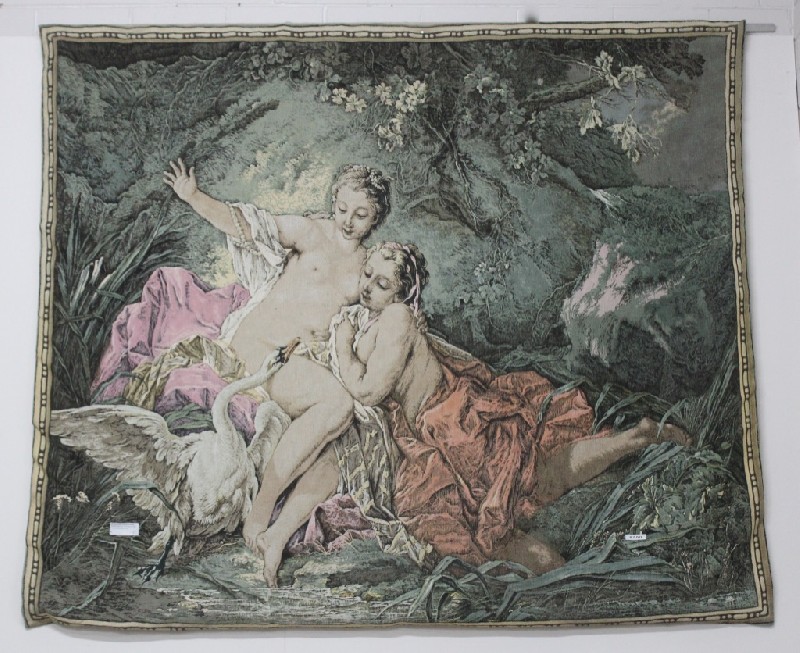 French wall tapestry decorated with cupids in garden scene. Price $550
