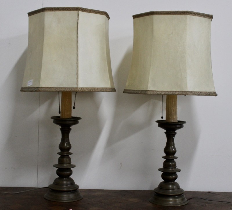 Pair of French early 20th century bronze candle stck table lamps and shades. Price $550 pr