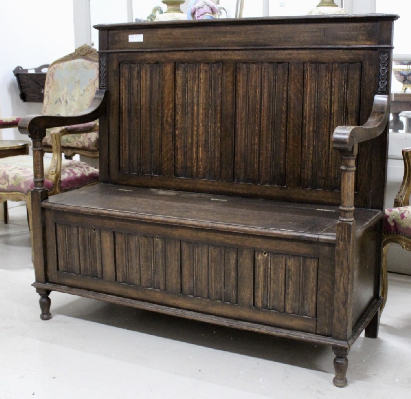 French oak an linean fld decorated hallay bench settle. Price $850.