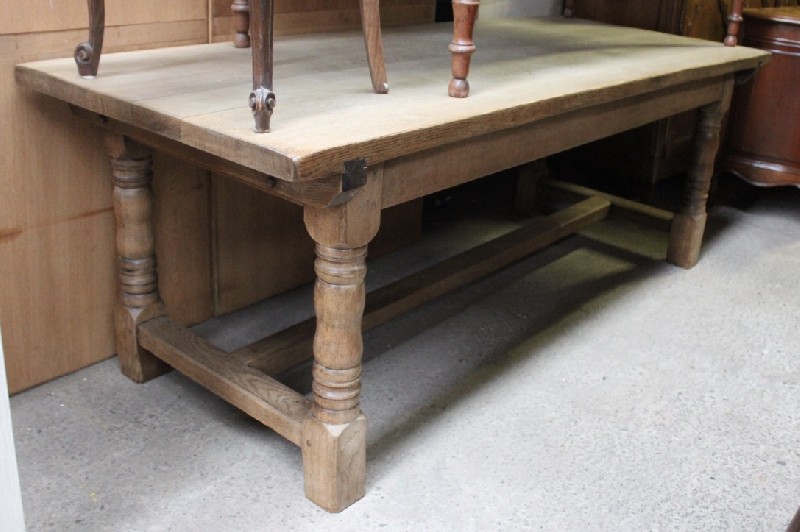 French 19th centruy stripped oak stretcher based farm house table. 2.2 m . Price $1900