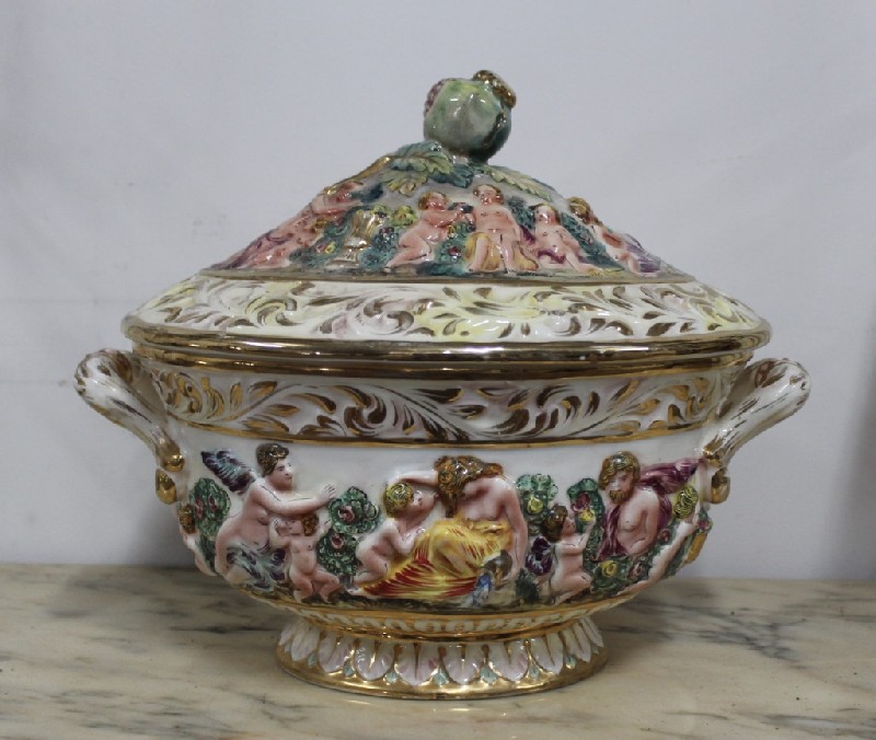 Capodimonte floral & figured porcelain lidded terrine. Price $250