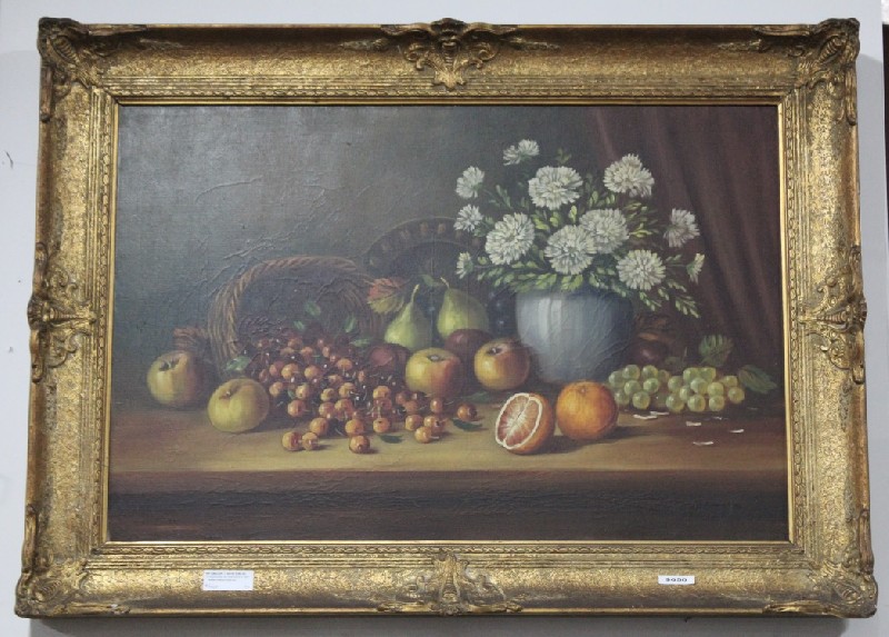 Ornate gilt framed oil painting still life, table setting of flowers and fruit. Price $650.