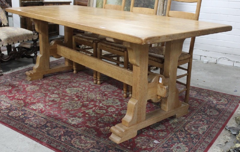 French provincial oak pedestal based farmhouse table with stretcher. Price $1400