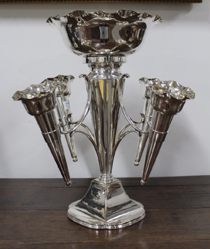 Silver plated early 20th century five trumpet table centre piece. Price $725