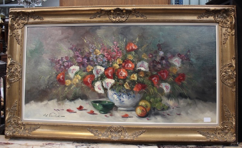 Large rectangular gilt framed oil painting table setting flowers in a vase. Price $750