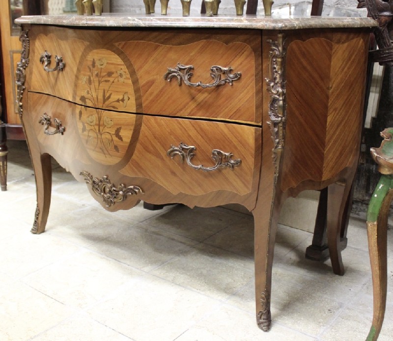 French Louis XVth walnut and floral marquetry inlaid 2 drawer commode, having black marble top and bronze mounts. Price $1900