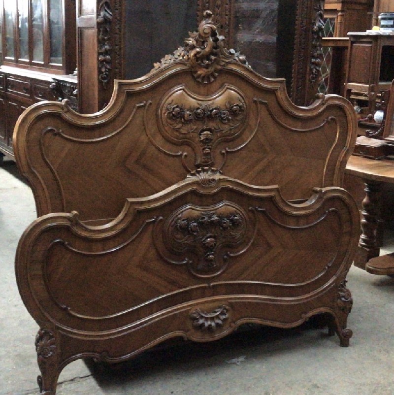 French Louis XVth walnut & floral decorated bedstead & rails. Price $880