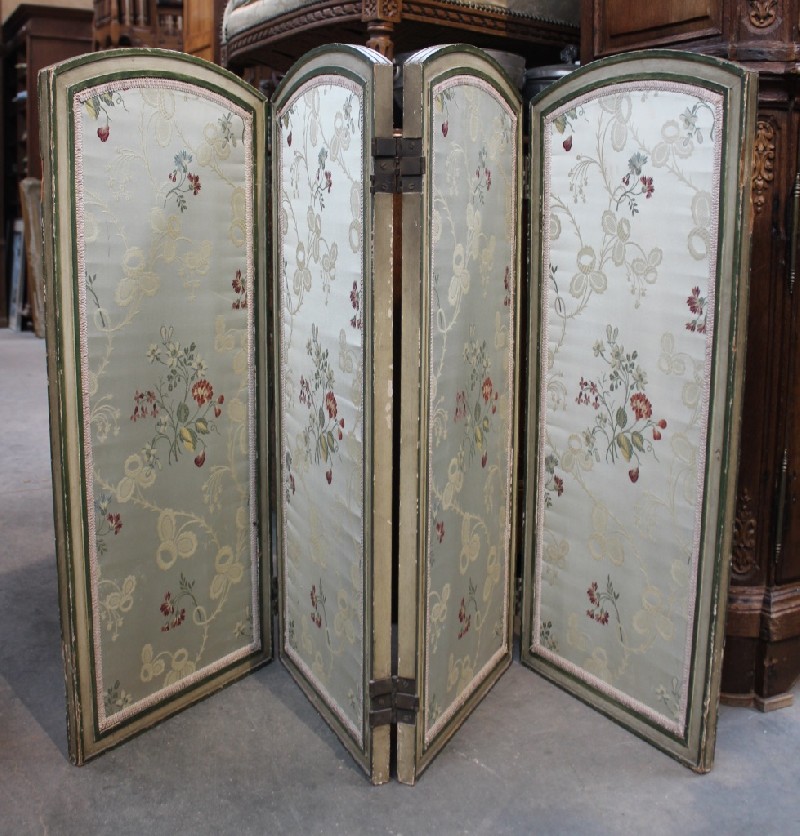 French lacquered and floral upholstered 4 fold dressing screen. Price $825