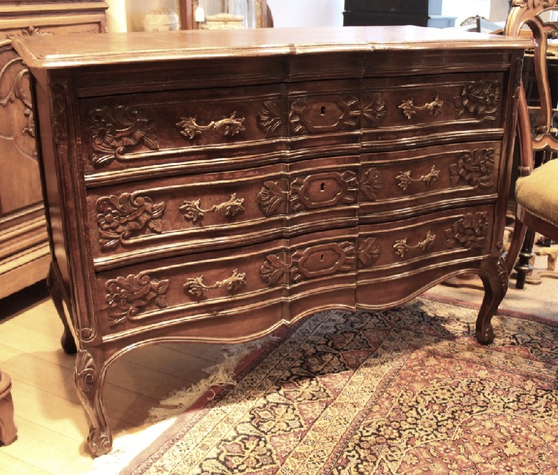 French provincial carved oak three drawer commode chest. Price $925