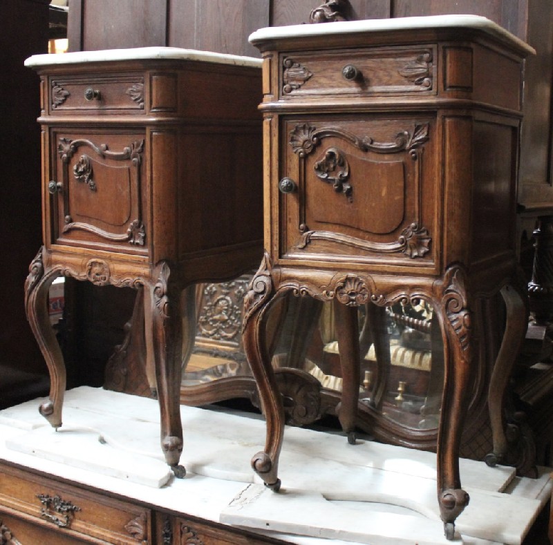 Pair of French Louis XVth oak bedside cabinets with white marble tops. Price $1150 pair